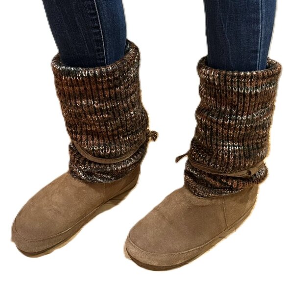 BearPaw Women size 10 flat tan suede boot, knit calf high knee high BOHO upper - Picture 2 of 13